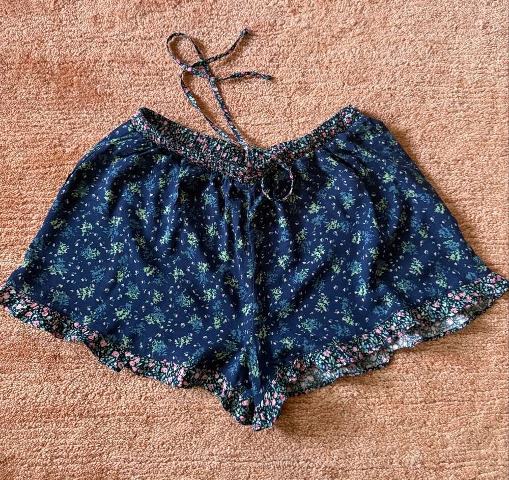 Mossimo Supply Co XS Navy Floral Ruffle Shorts Boho Drawstring Rayon